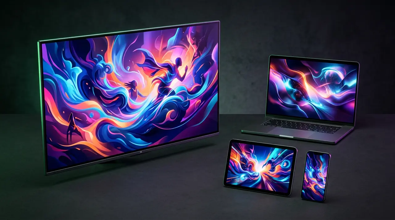 Téléviseur, ordinateur portable, tablette et smartphone affichant des contenus vidéo