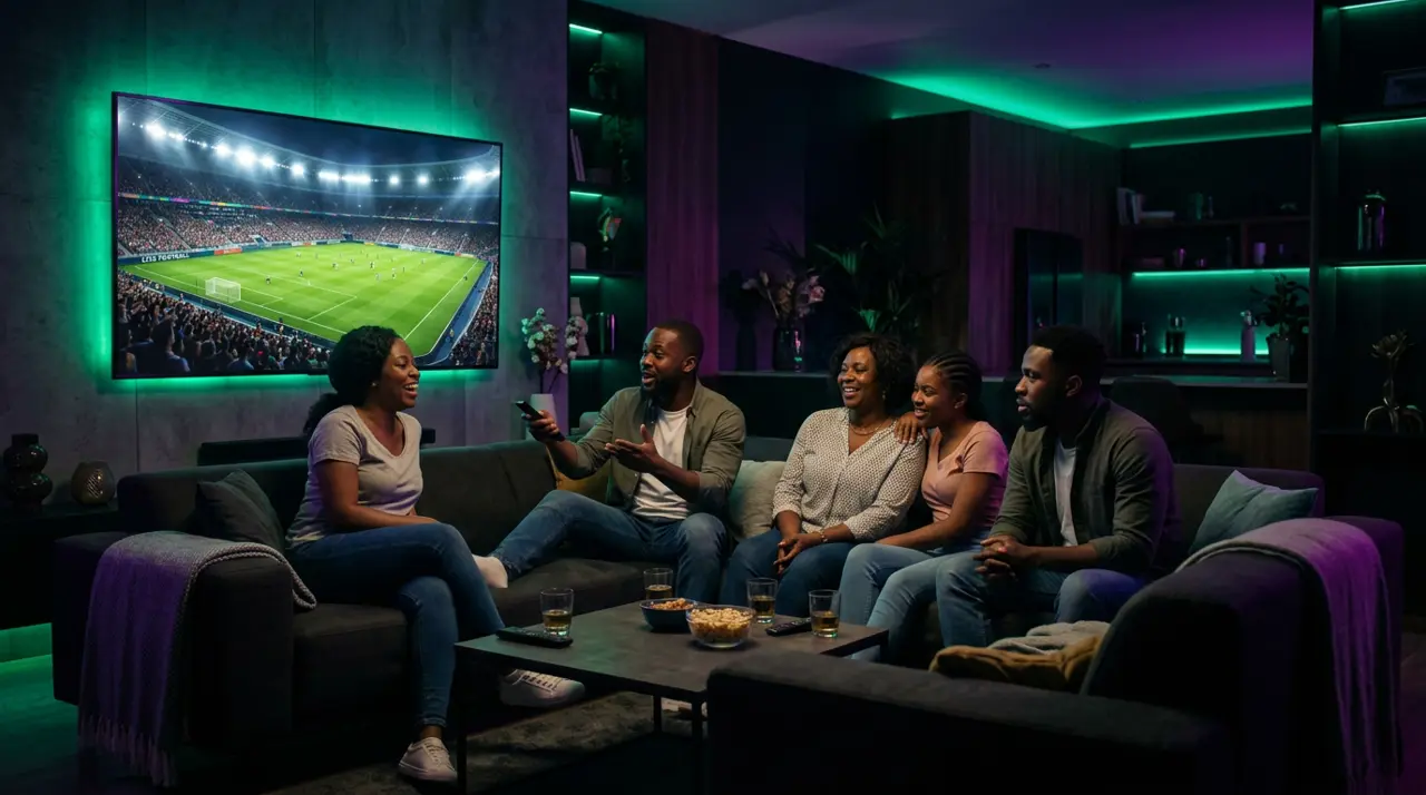 Un groupe d'amis regarde un match de football sur un grand téléviseur dans un salon éclairé en vert et violet